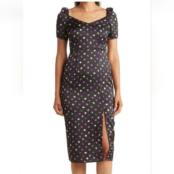 Sam Edelman Size 6 Tossed Floral Print Puff Sleeve Midi Dress Polka Dot - Picture 1 of 8